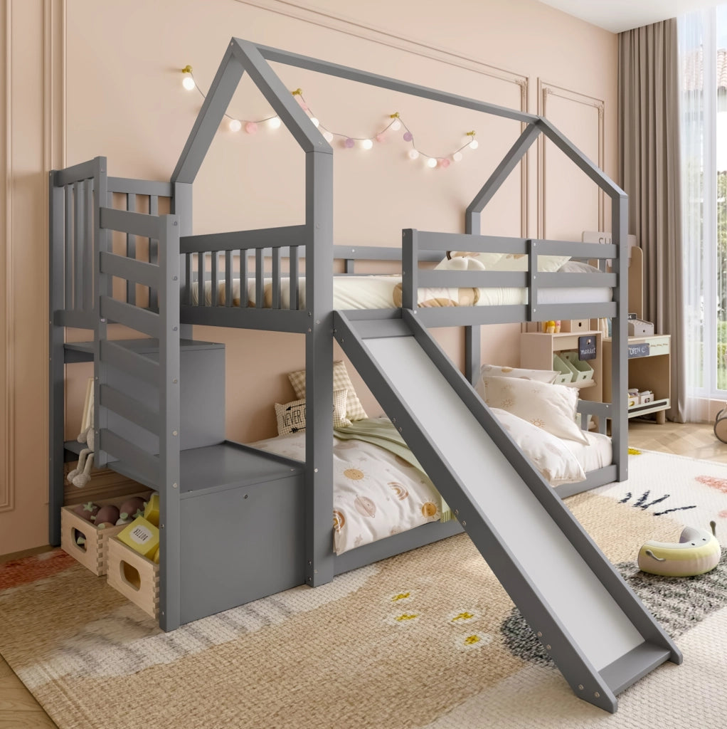 Letto a castello a casetta con scivolo e scala contenitore 90x200 cm