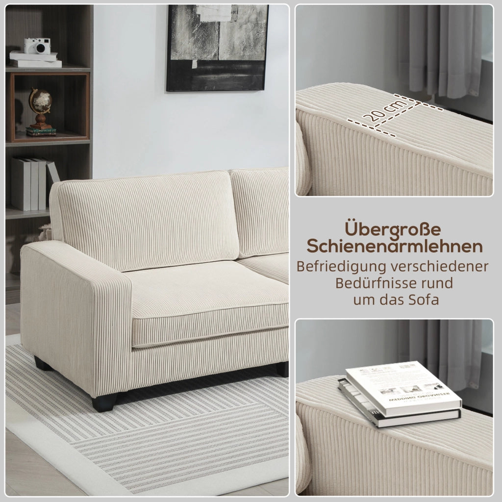 Divano dritto 3 posti con braccioli cuscini e seduta a molle in poliestere bianco crema 227 × 84 × 87 cm
