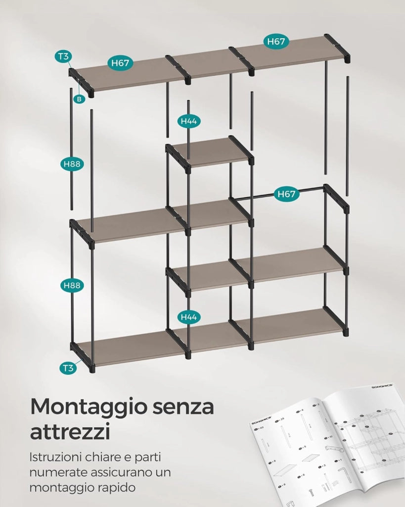 SONGMICS Armadio, Guardaroba Autoportante, con Barre Appendiabiti, Portabiti Ripiani in Tessuto, Struttura in Metallo, 182 x 43 x 182 cm, Talpa RYG037R02