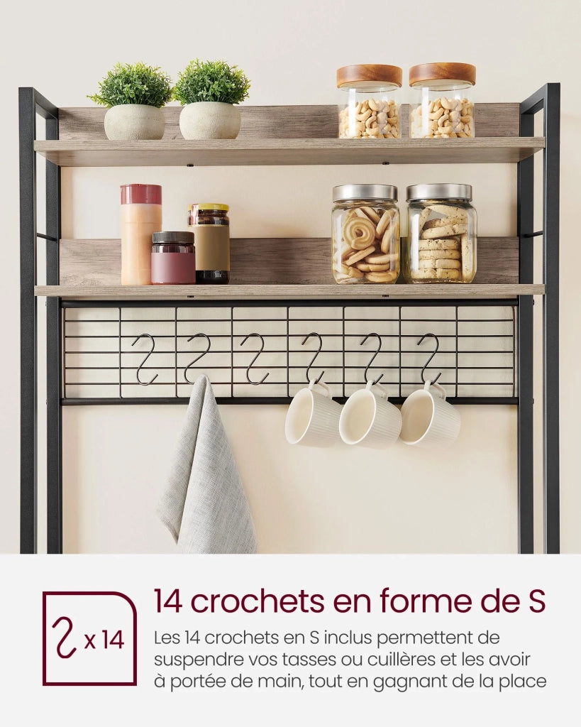 Mensola da cucina con multipresa supporto per microonde ripiano portaoggetti con pannello in rete metallica 14 ganci 40 x 80 x 170 cm grigio 12_0005668