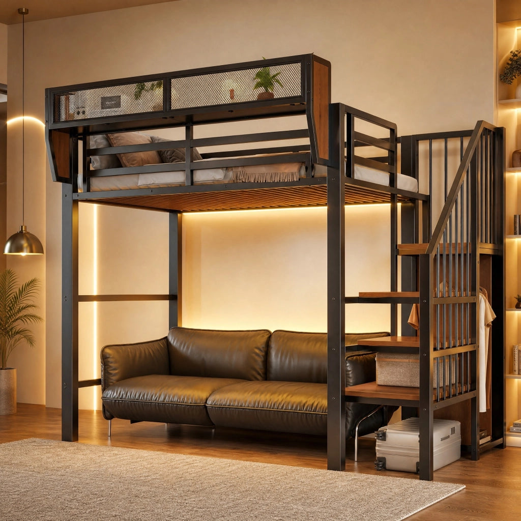 Letto a soppalco 90 × 200 cm con LED, scala di sicurezza e ripiano regolabile, senza materasso, in metallo, nero