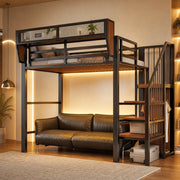 Letto a soppalco 90 × 200 cm con LED, scala di sicurezza e ripiano regolabile, senza materasso, in metallo, nero