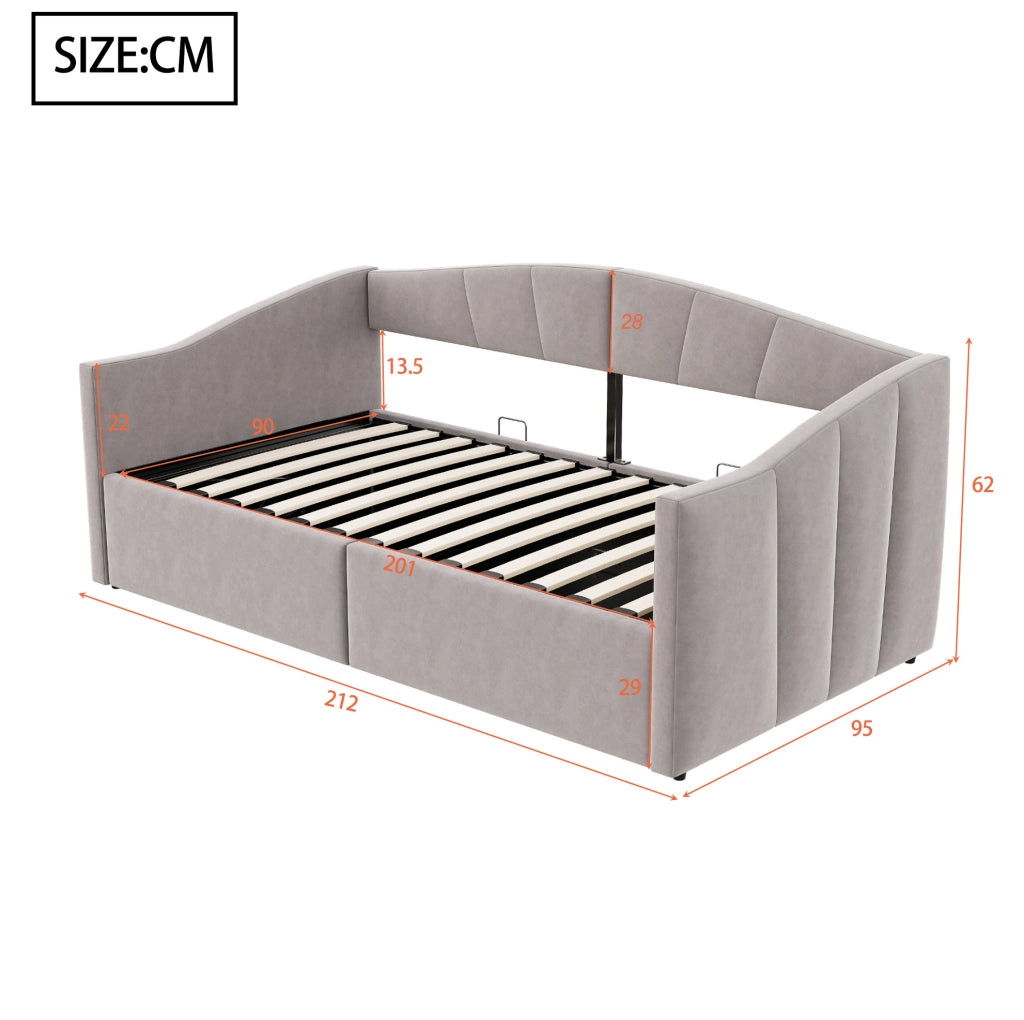 Divano letto imbottito con contenitore idraulico 90x200 cm; velluto; grigio chiaro