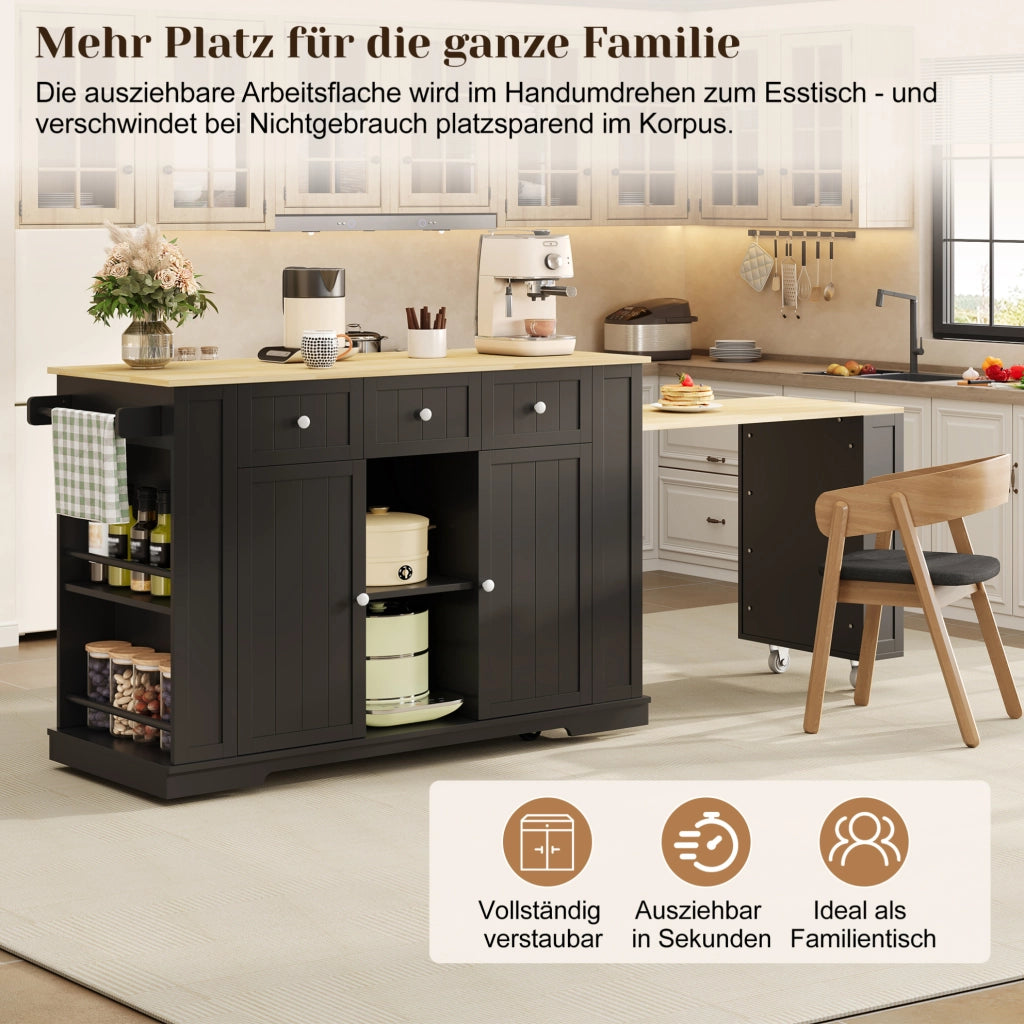 Isola cucina mobile con tavolo estraibile e prese USB, 138(213) cm