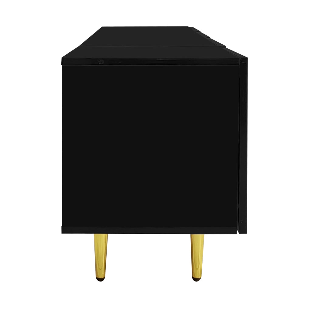 Mobile TV ULEVR 170x35x46 cm con 4 ante e cerniere soft-close, MDF nero lucido con dettagli oro