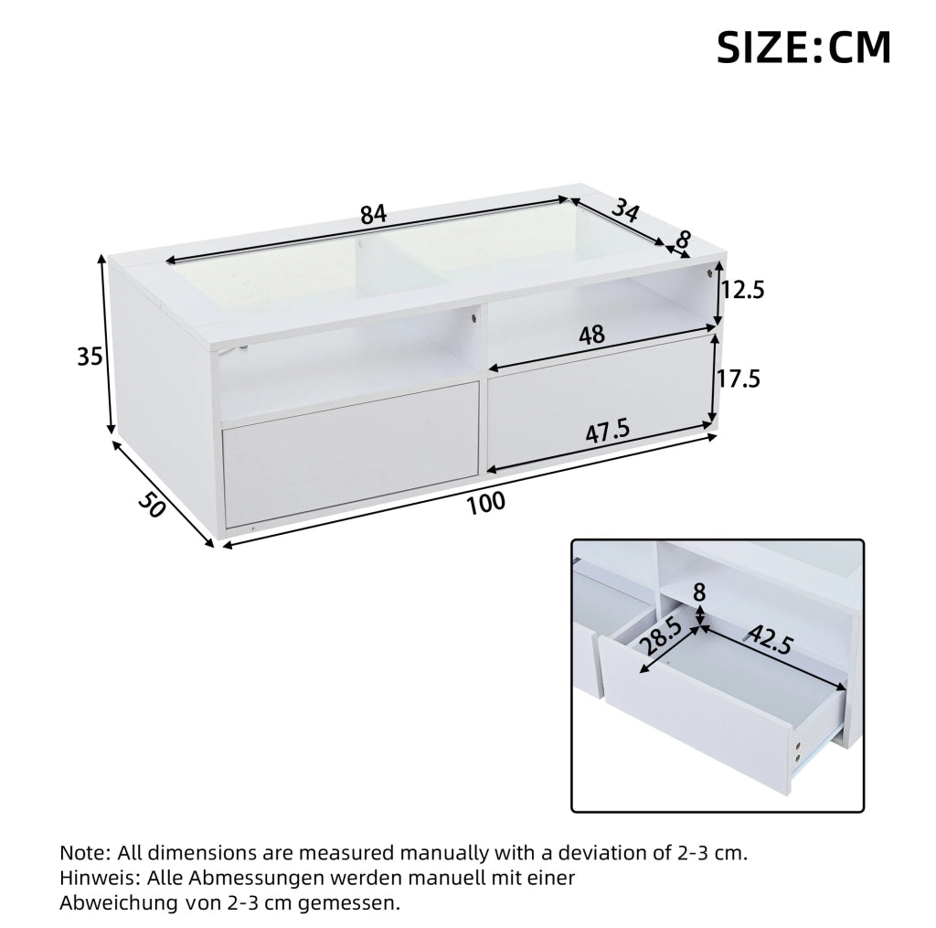 Complemento d’arredo moderno con piano in vetro, LED e pratico spazio contenitivo