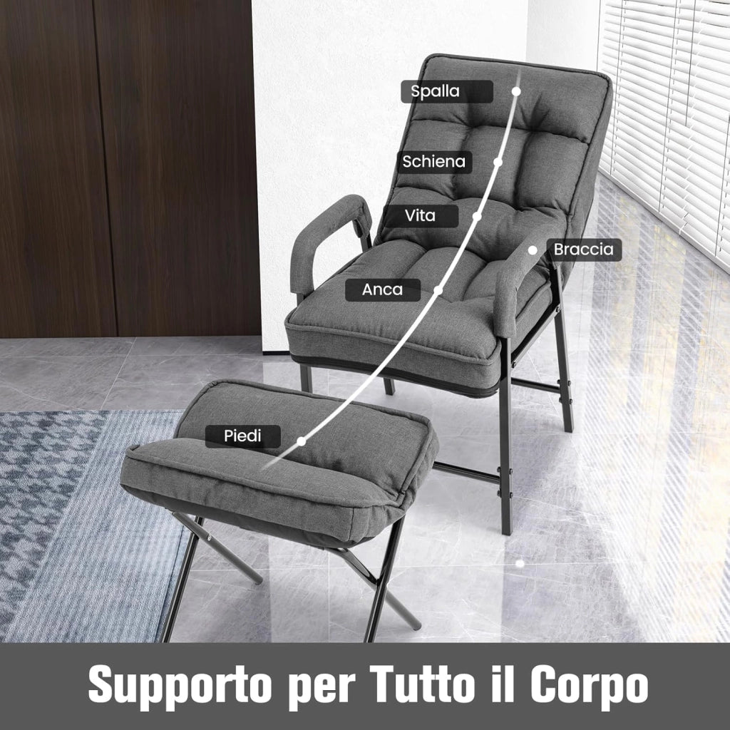 Poltrona Imbottita con Pouf Poggiapiedi Pieghevole, Schienale Alto Reclinabile a 5 Posizioni, Poltroncina Sedia Sdraio in Lino, Poltrona Moderna con Braccioli da Soggiorno Ufficio (grigio)