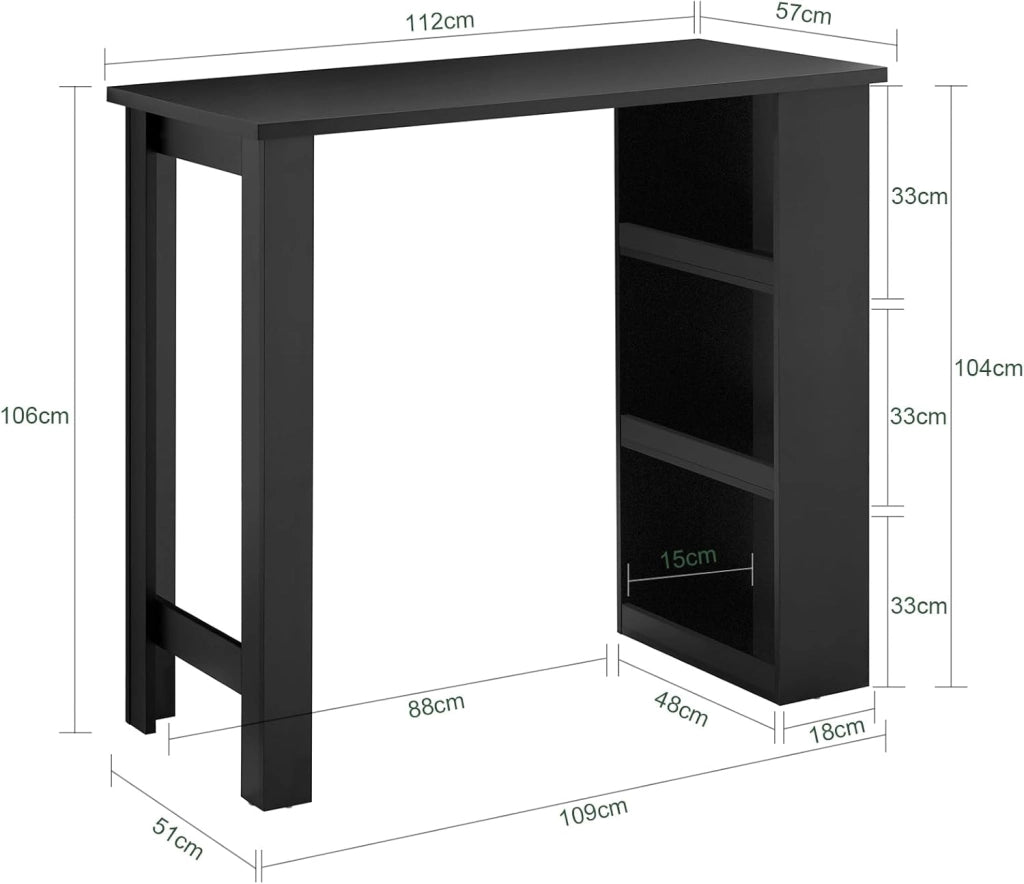 Tavolo Alto da Cucina, Tavolo da Bar Moderno con Ripiani di Stoccaggio, Design Salvaspazio per Cucina Piccola, Soggiorno, Angolo Bar o Studio Nero 112 x 57 x 106 cm FWT17-II-SCH
