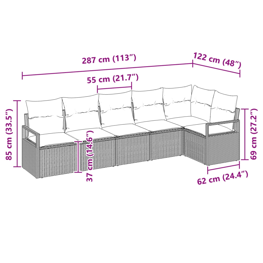 Set Divano da Giardino  6 Pezzi con Cuscini Nero Polyrattan