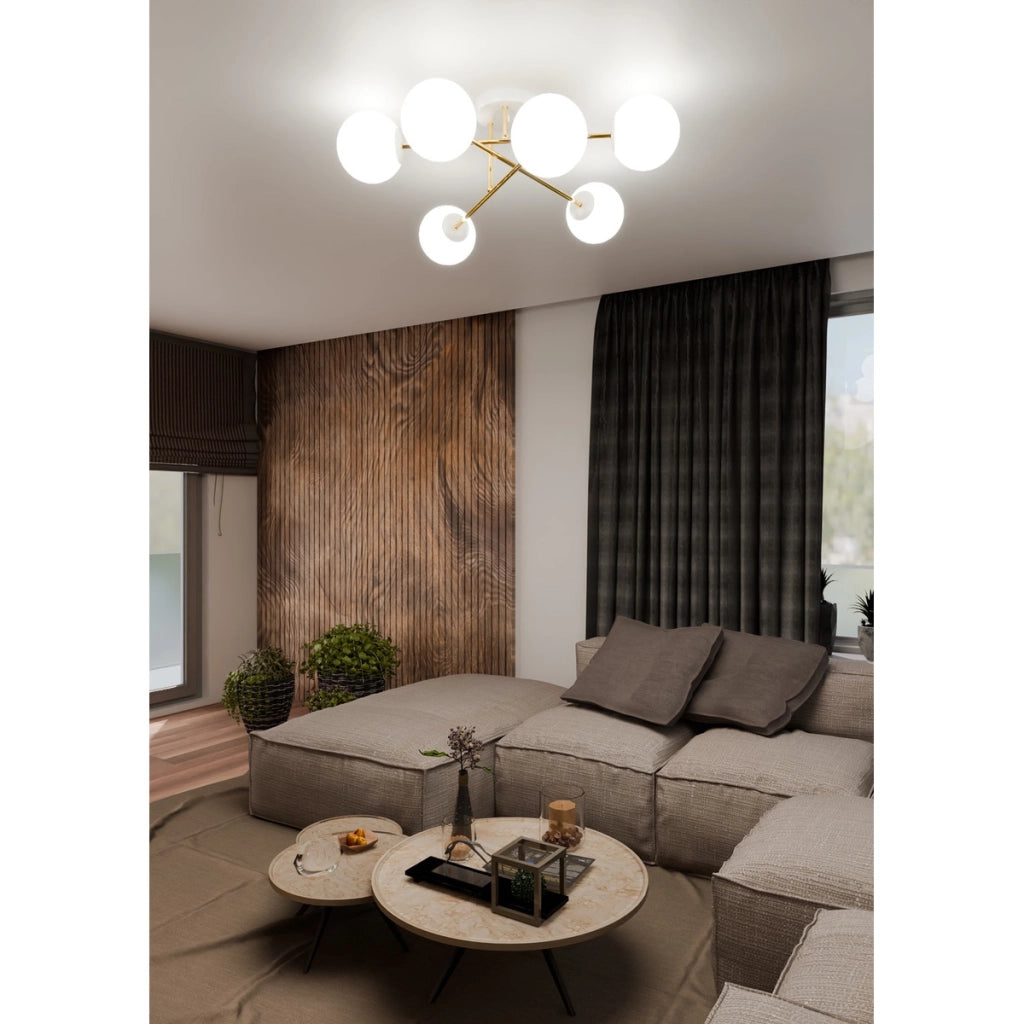 Lampada a sospensione Magnum con struttura oro e sfere in vetro