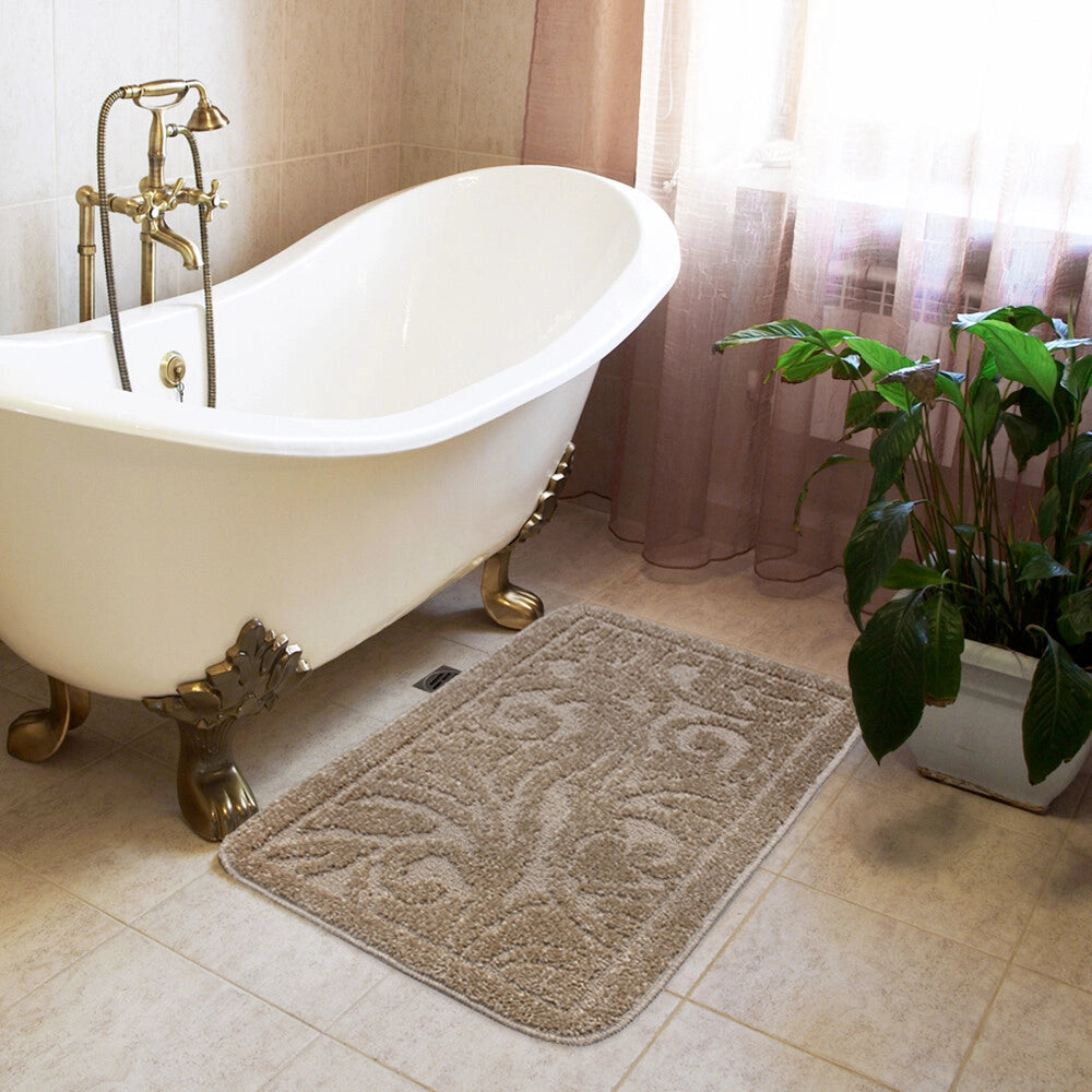 Tappeto Bagno Damascato Scendiletto Camera 50x110 Cm Morbido Assorbente Antiscivolo Beige