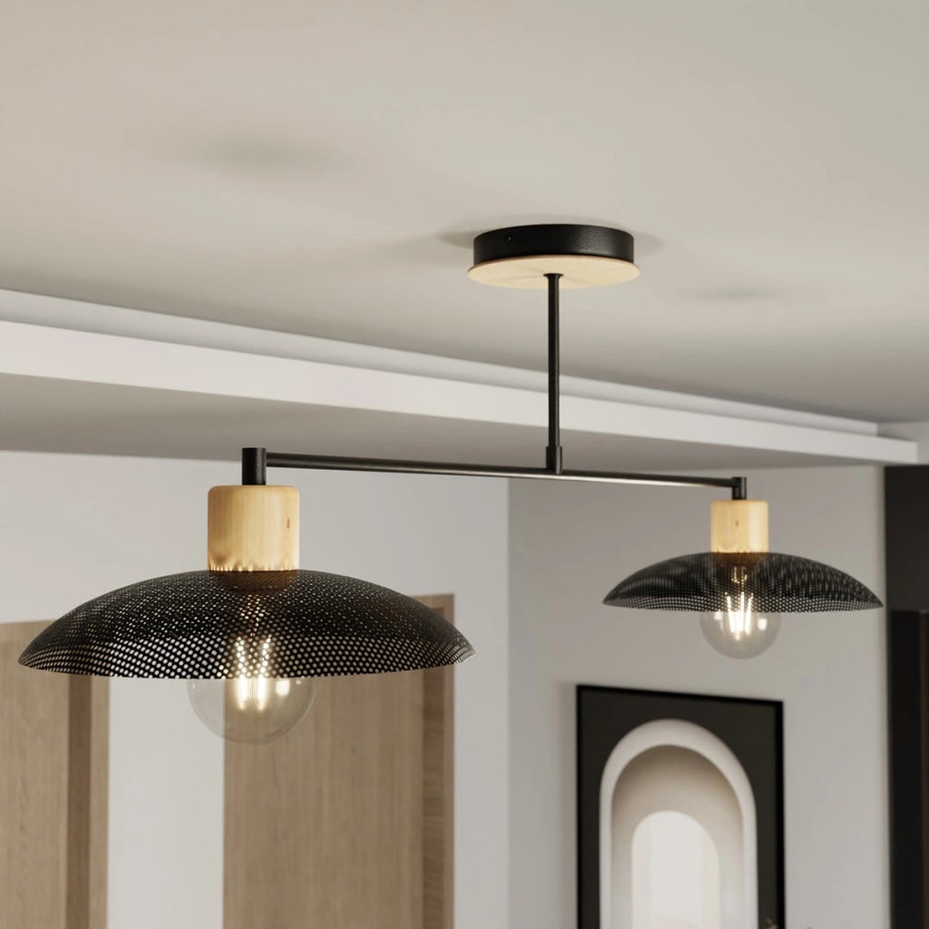 Lampada a sospensione KOBE in acciaio nero e legno naturale