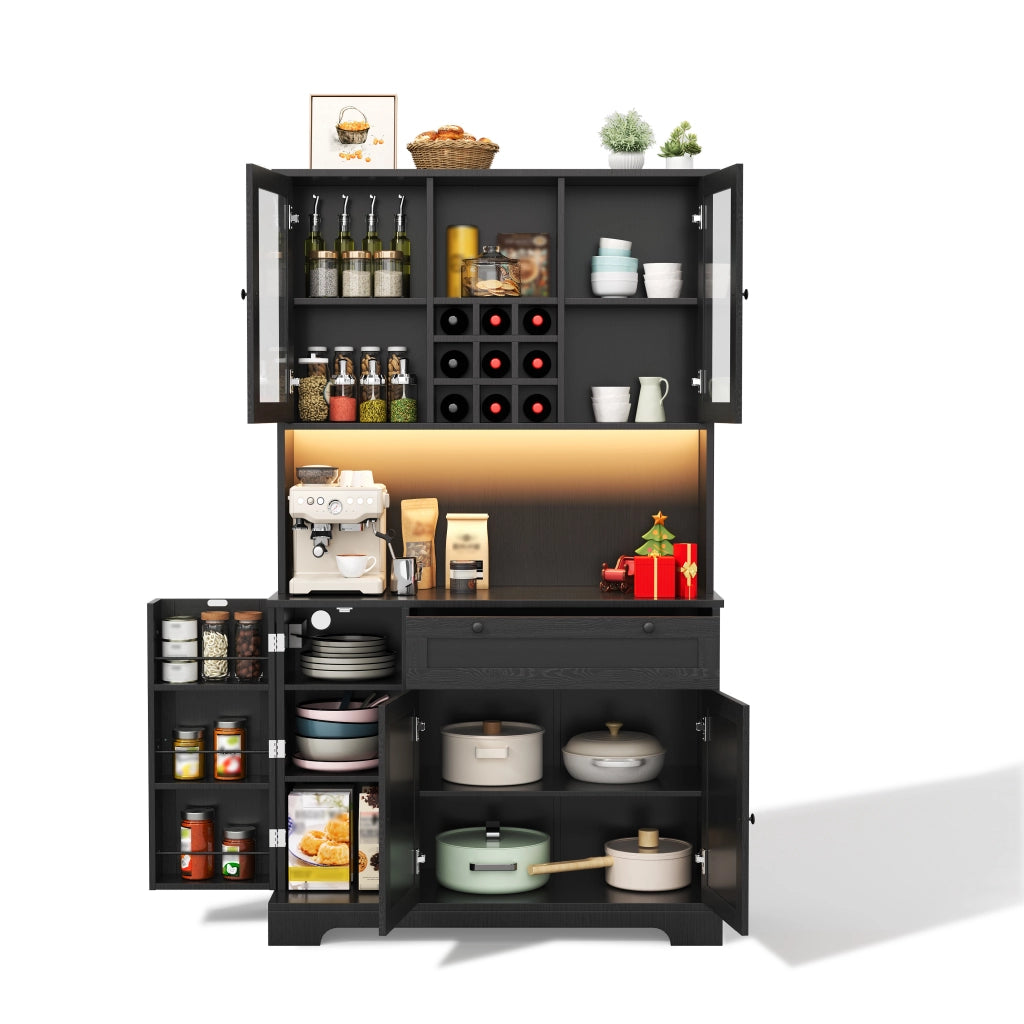 Credenza e madia con 5 ante, 1 cassetto, LED e presa, per cucina e sala da pranzo, in MDF, nero, 180 × 105 × 40 cm