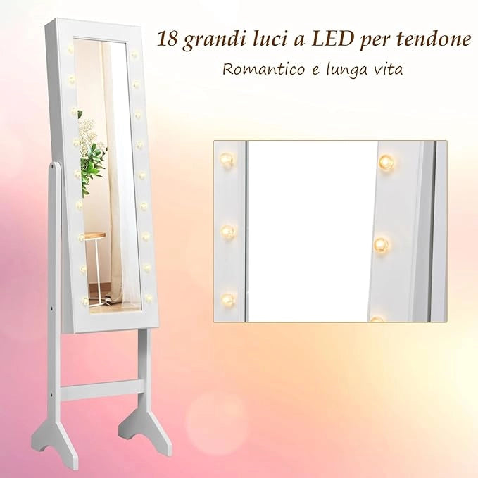 Portagioie Armadietto Specchiera con 18 Luci LED, Specchio a Figura Intera, Organizer per Gioielli Moderno Elegante, 145x35x31,5cm (Bianco)