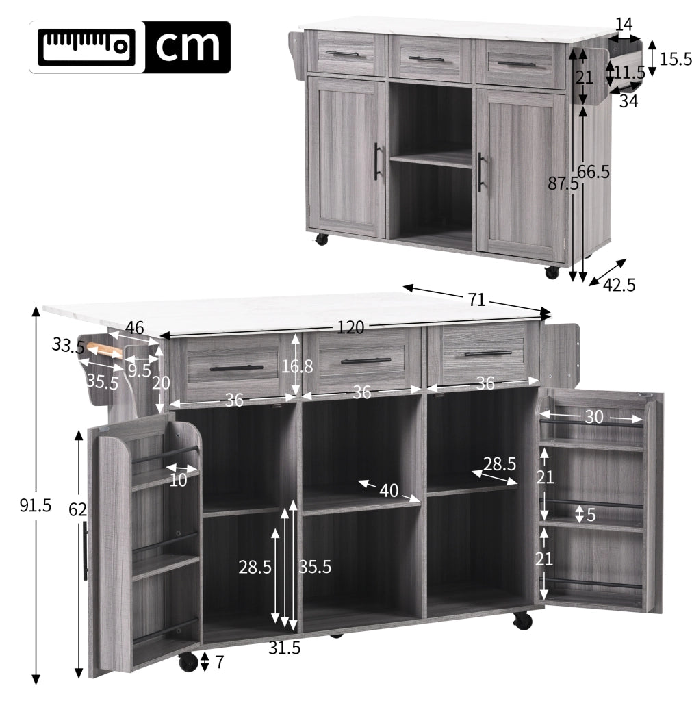 Carrello cucina con piano ribaltabile e contenitore grigio 139 cm