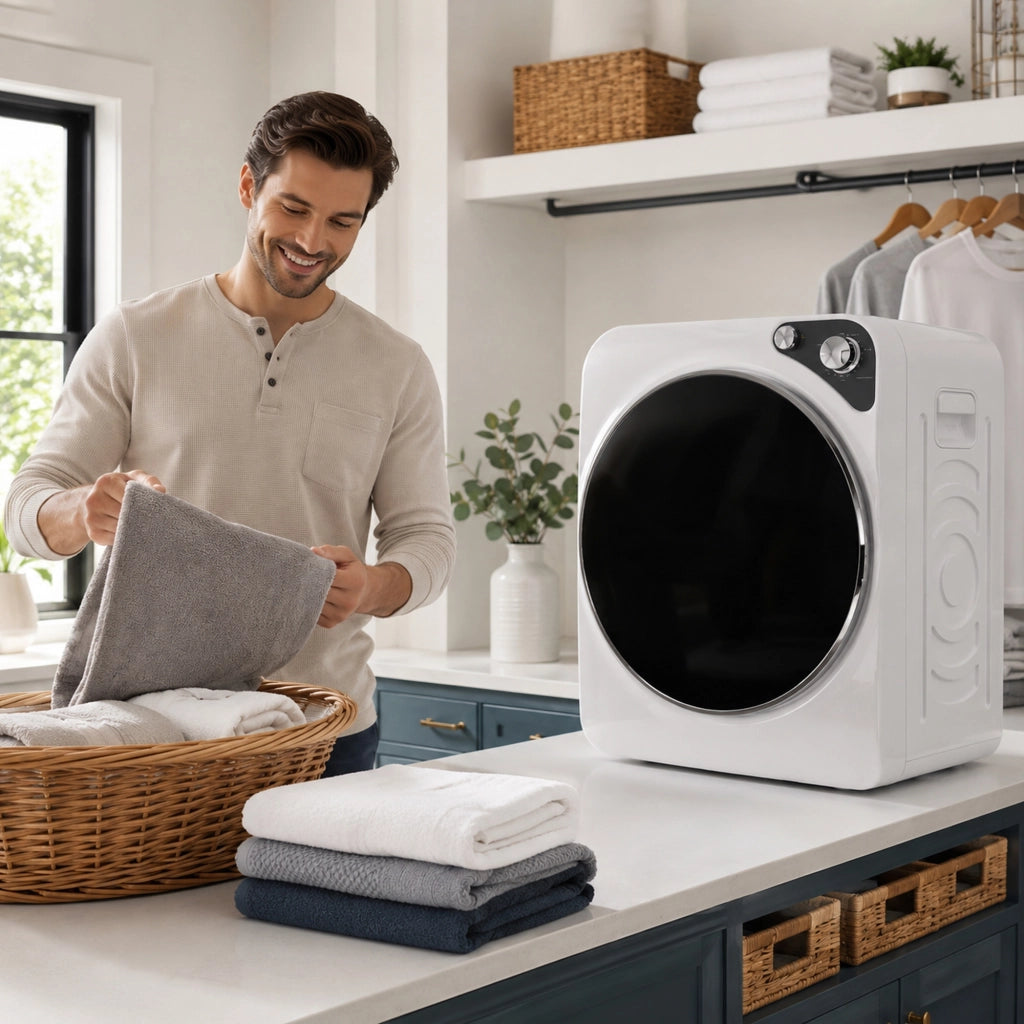 Asciugatrice Portatile 49x43x61 cm Potenza 1000W con 5 Programmi e Timer in PCM e Acciaio Inox Bianco