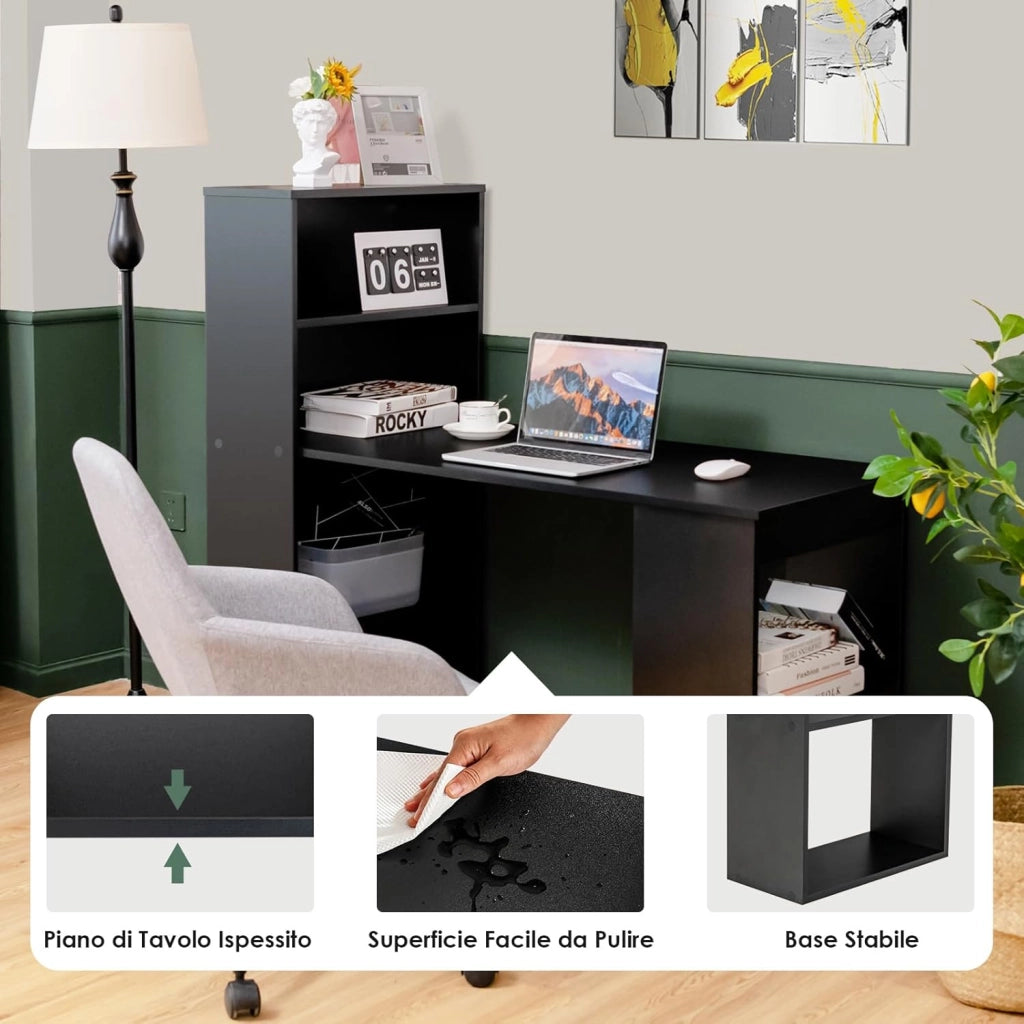 Scrivania per Computer con Libreria, Scrivania Moderna Porta PC con 6 Ripiani, Mobile Scrivania con Ripiani Regolabile Ampia Base per Casa, Ufficio (nero)