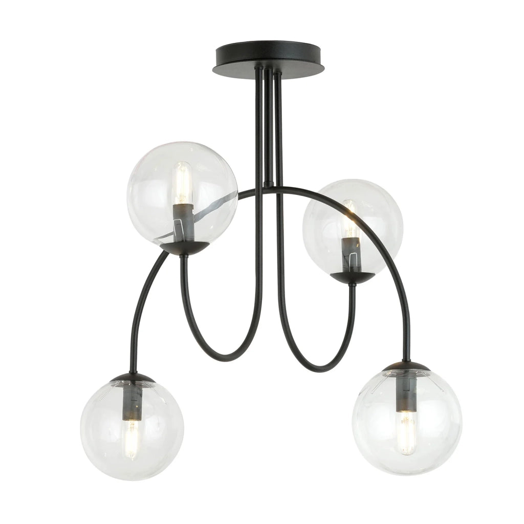 Plafoniera Moderna Utu 4 Luci In Acciaio Nero E Vetro Trasparente 50 Cm
