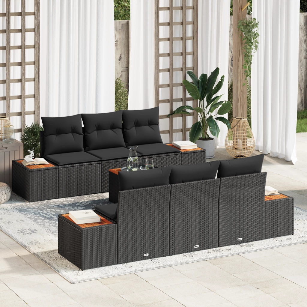 Set Divano da Giardino 7 Pezzi con Cuscini Rattan Sintetico Nero Acacia