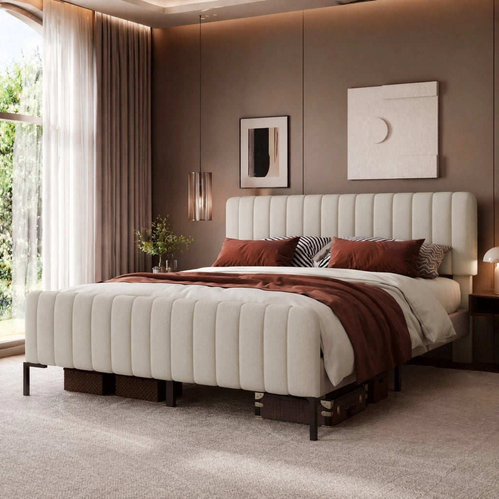 Letto imbottito 140x200 cm con rete a doghe, testiera regolabile, tessuto effetto lino grigio-beige