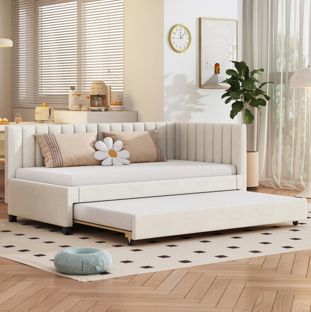 Letto imbottito 90x200 cm; convertibile con letto estraibile; velluto beige (Senza materasso)