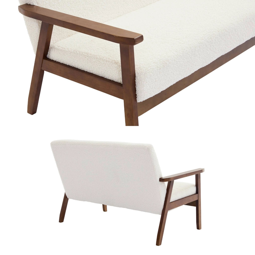 Divano in tessuto bouclé con gambe in legno tinto noce chiaro, 2