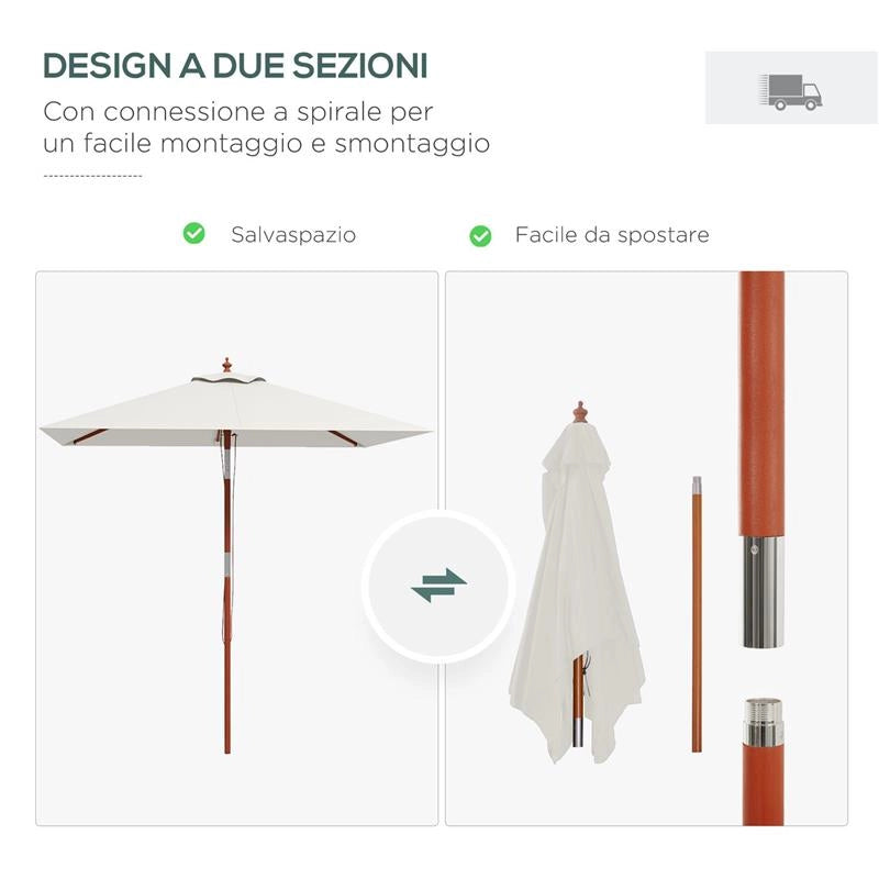 OMBRELLONE RETTANGOLARE INCLINABILE 2X1.5 M CON 6 STECCHE E APERTURA A CORDA IN BAMBÙ E POLIESTERE BEIGE