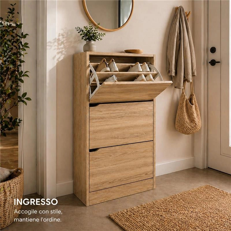 SCARPIERA LINEA HARMON A 3 ANTE E PANNELLO RERTROSTANTE IN MDF COLORE ROVERE MISURA 63X24X115 CM