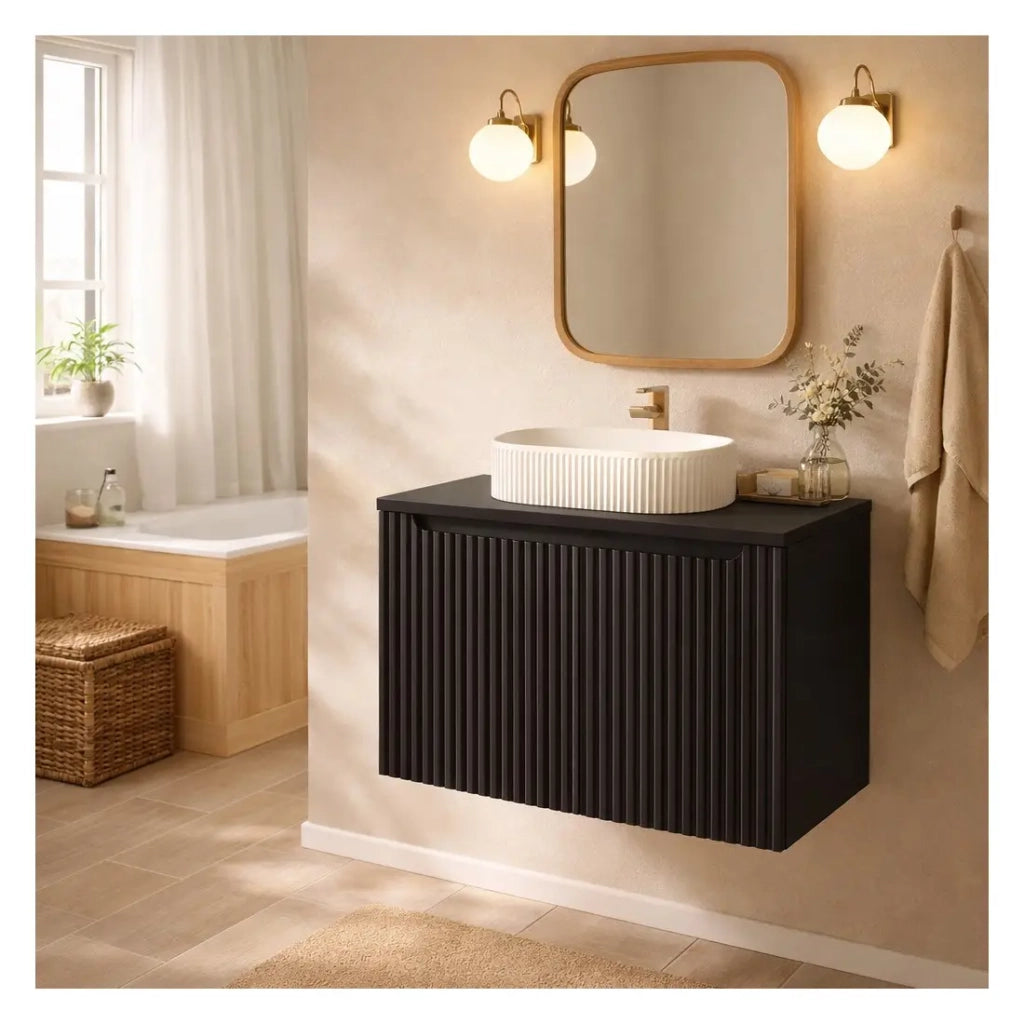 Set VANO 80cm: mobile sotto lavabo con armadietti + piano per lavabo nero opaco + lavabo da appoggio scanalato bianco