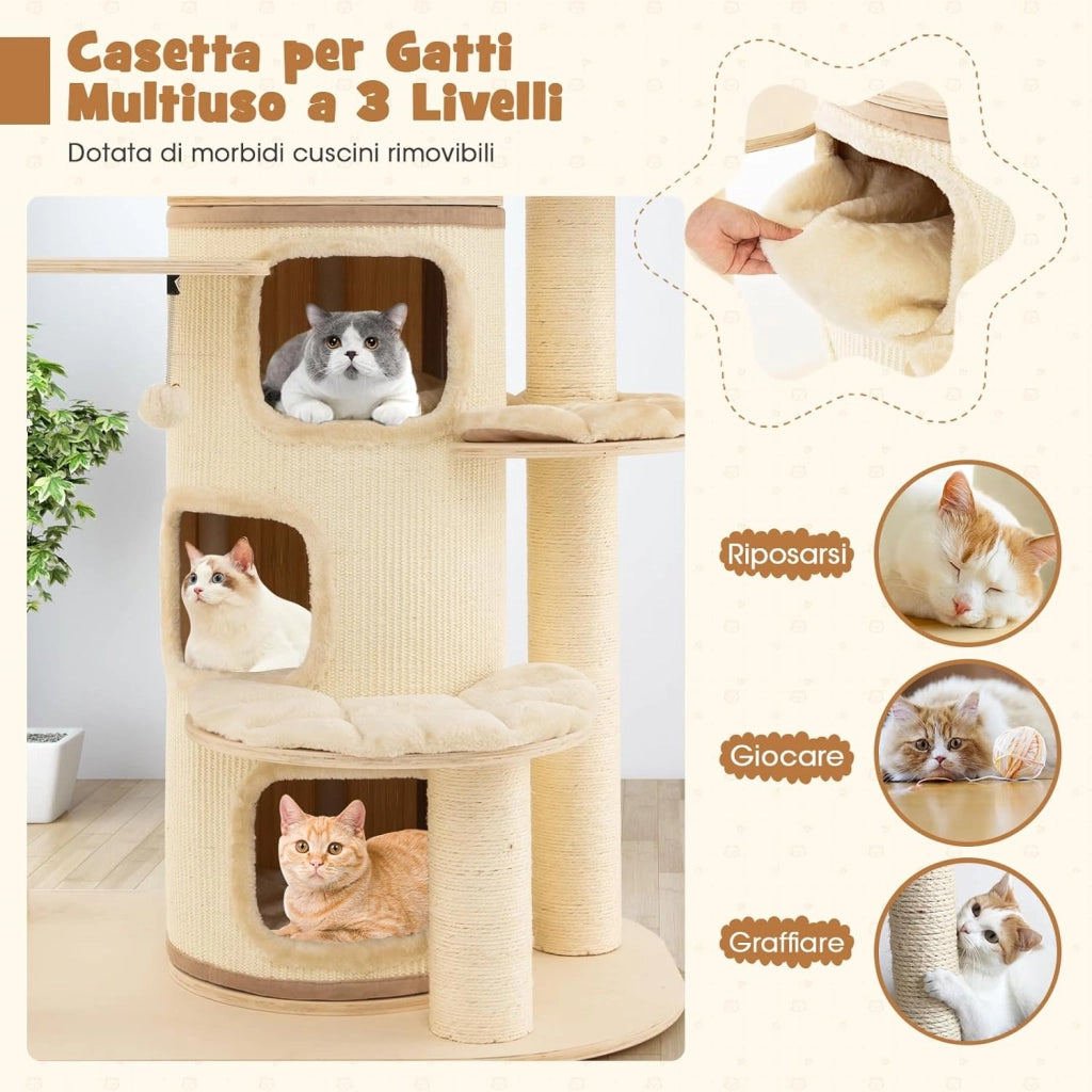 Albero Tiragraffi da 173 cm per Gatti, Torre per Gatti in Legno con Nicchia a 3 Piani, 2 Cucce Tiragraffi, Piattaforme, Amaca, Mobili Moderni per Gatti da Interno (Beige)