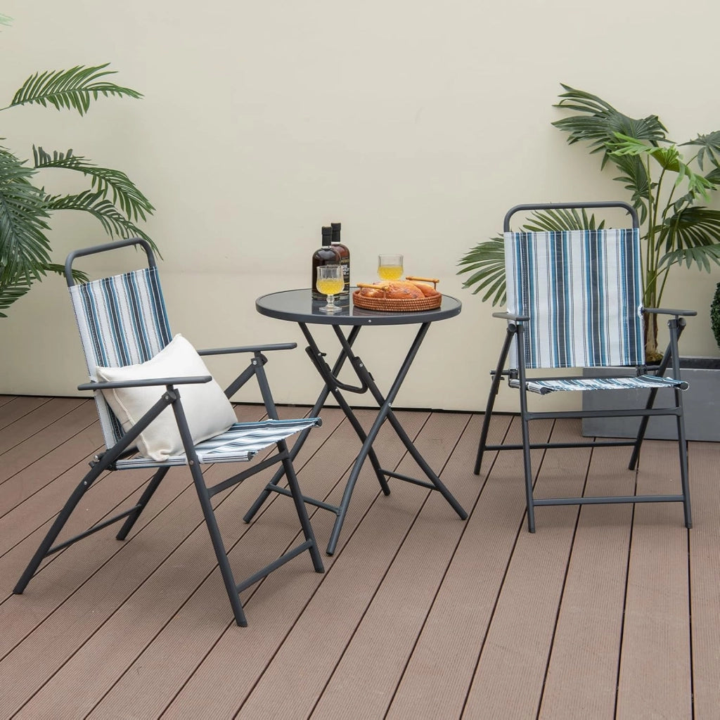 Set da balcone pieghevole da 3 pezzi, tavolo da bistrot con 2 sedie, set di mobili da giardino Teslin con tavolo rotondo e sedie pieghevoli, set di mobili da giardino per balcone cortile