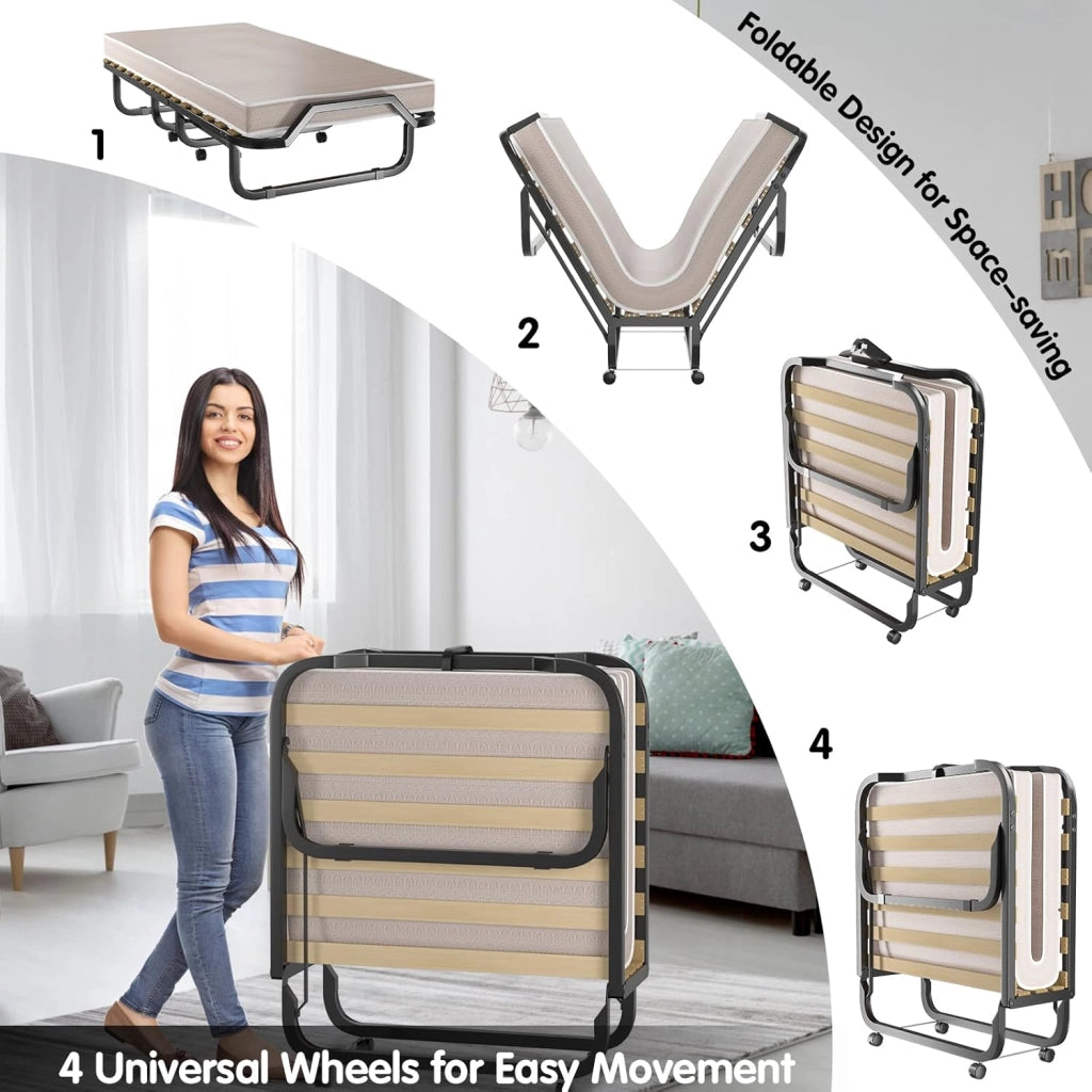 Letto Singolo Pieghevole, Portata di 120 kg, con 4 Ruote, 4 Gambe in Mettallo, Fibbia Fissata, 90 x 200 cm, Materasso di 10 cm, Ideale per Viaggio e di Riserva