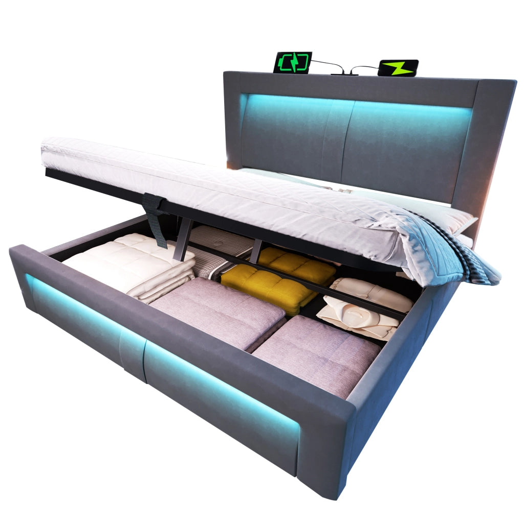 Letto matrimoniale 140x200 cm in velluto grigio con contenitore; LED; USB e Type-C; con materasso
