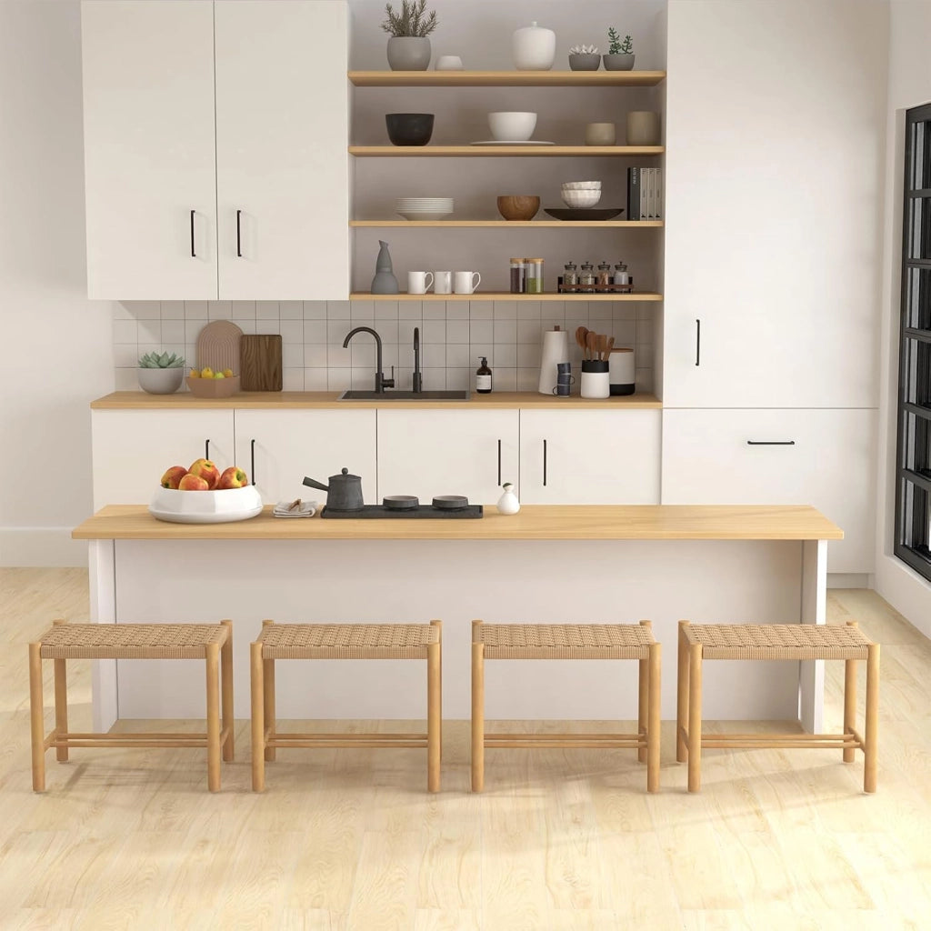 Set di 2 sgabelli da bar, da cucina, in legno e carta intrecciata, con poggiapiedi, per sala da pranzo, da cucina, in legno naturale (56 x 36 x 45 cm)