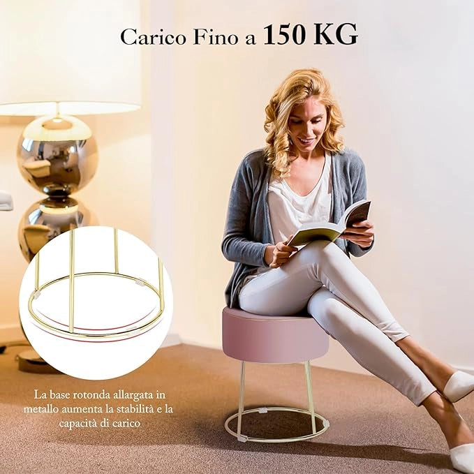 Pouf Rotondo Poggiapiedi 41cm, Sgabello Moderno da Trucco con Base in Metallo, Sedile Imbottito Spesso e Piedini Antiscivolo per Toeletta, Comodino e Divano (Rosa)