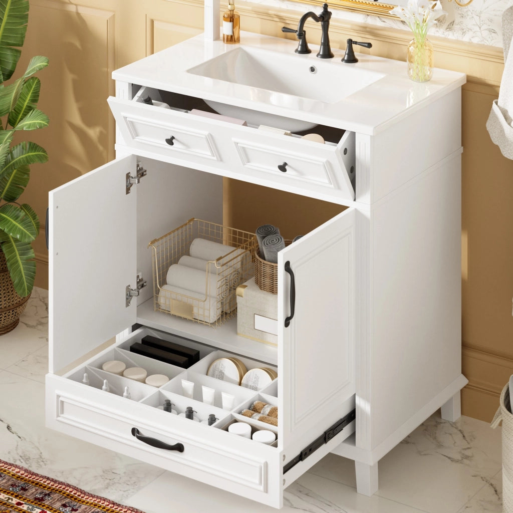 Mobile sottolavabo con lavabo in ceramica, 2 ante e 9 vani, per bagno, in MDF, bianco, 77 × 46 × 86 cm