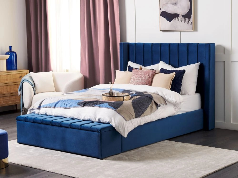 Letto matrimoniale ad acqua in velluto blu marino con cassapanca 140 x 200 cm moderno glam morbido materasso camera da letto