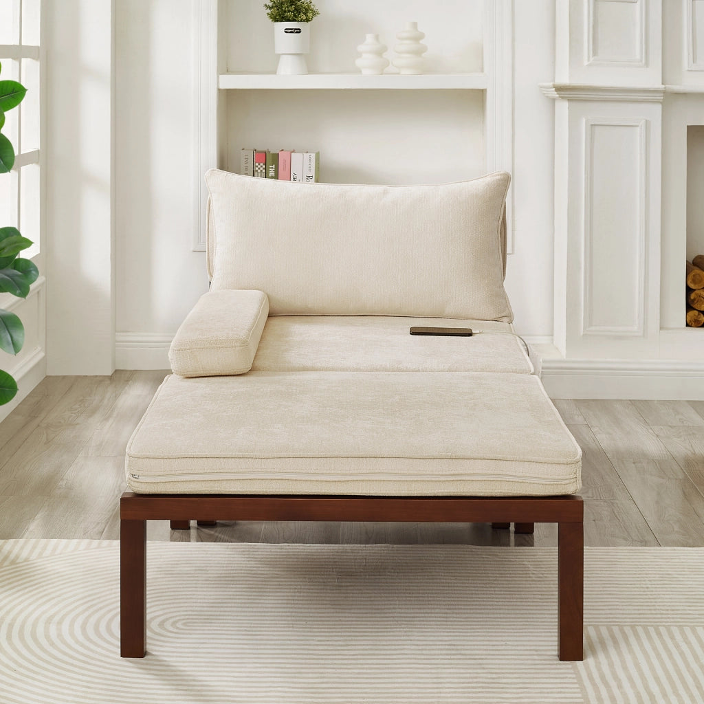 POLTRONA LETTO Estraibile Singolo Beige in Velluto con porte USB/Type-C