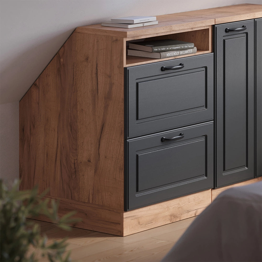 Mobile cucina sottotetto R-Line Antracite rustico/Rovere dorato 60 cm con 2 cassetti, carcassa 60 cm profondità Vicco