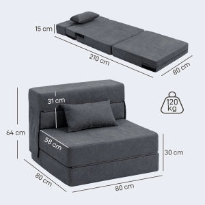 Fauteuil convertible 3 in 1 pieghevole con cuscino aggiuntivo e funzione letto in schiuma grigio scuro