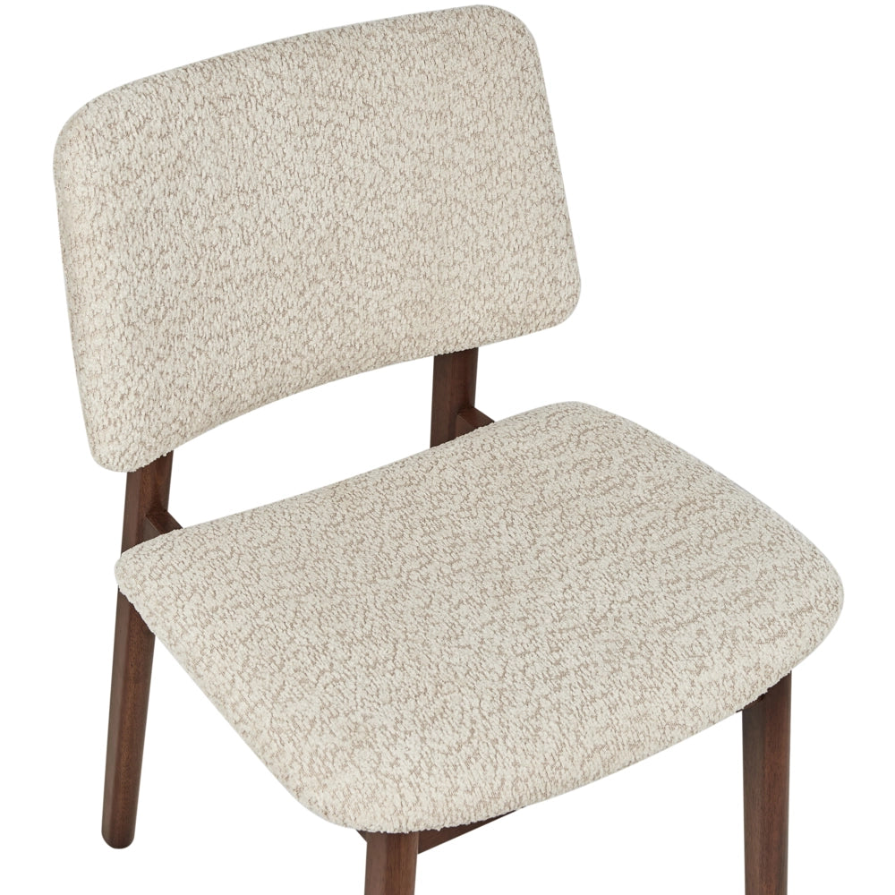 Set di 2 sedie da pranzo marrone scuro e beige con struttura in legno di gomma e seduta bouclé, design retrò senza braccioli