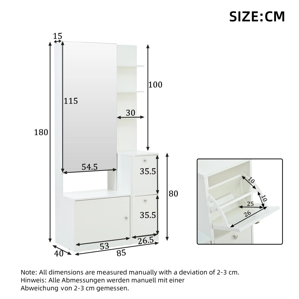 Mobile ingresso con specchio; 2 ante; 5 vani aperti e 2 scarpiere pieghevoli; in truciolare bianco; 85 Ã— 40 Ã— 180 cm