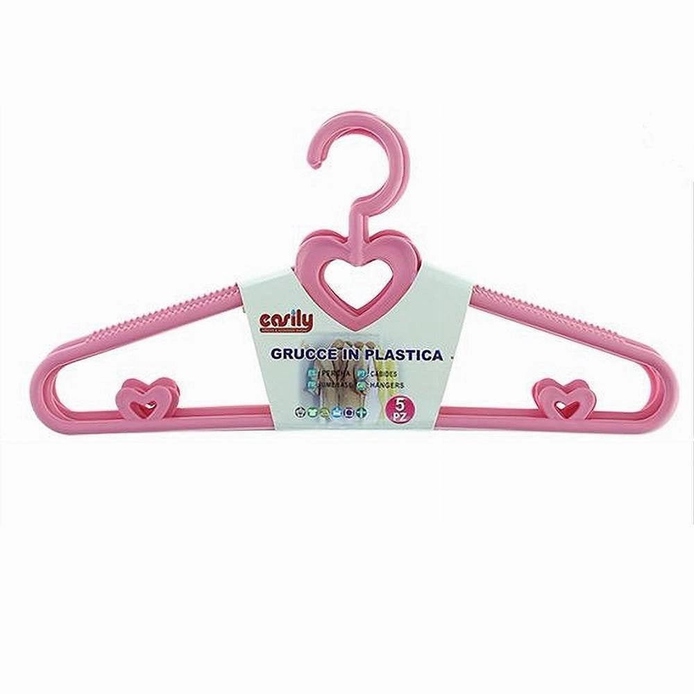 Trade Shop - Set 5 Pz Grucce Stampelle Con Cuori Appendiabiti In Plastica Rosa Vestiti 87679 -