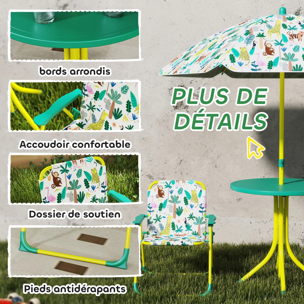 Set Salotto Giardino per Bambini con 2 Sedie Pieghevoli e Parasole, Tema Jungle ¨C zephmum ¨C Verde