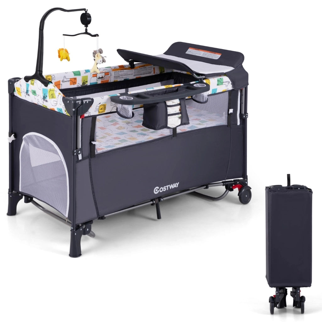 Culla portatile per bambini con tavolino pannolino borsa di stoccaggio giocattolo, Lettino a culla 5 in 1 Grigio