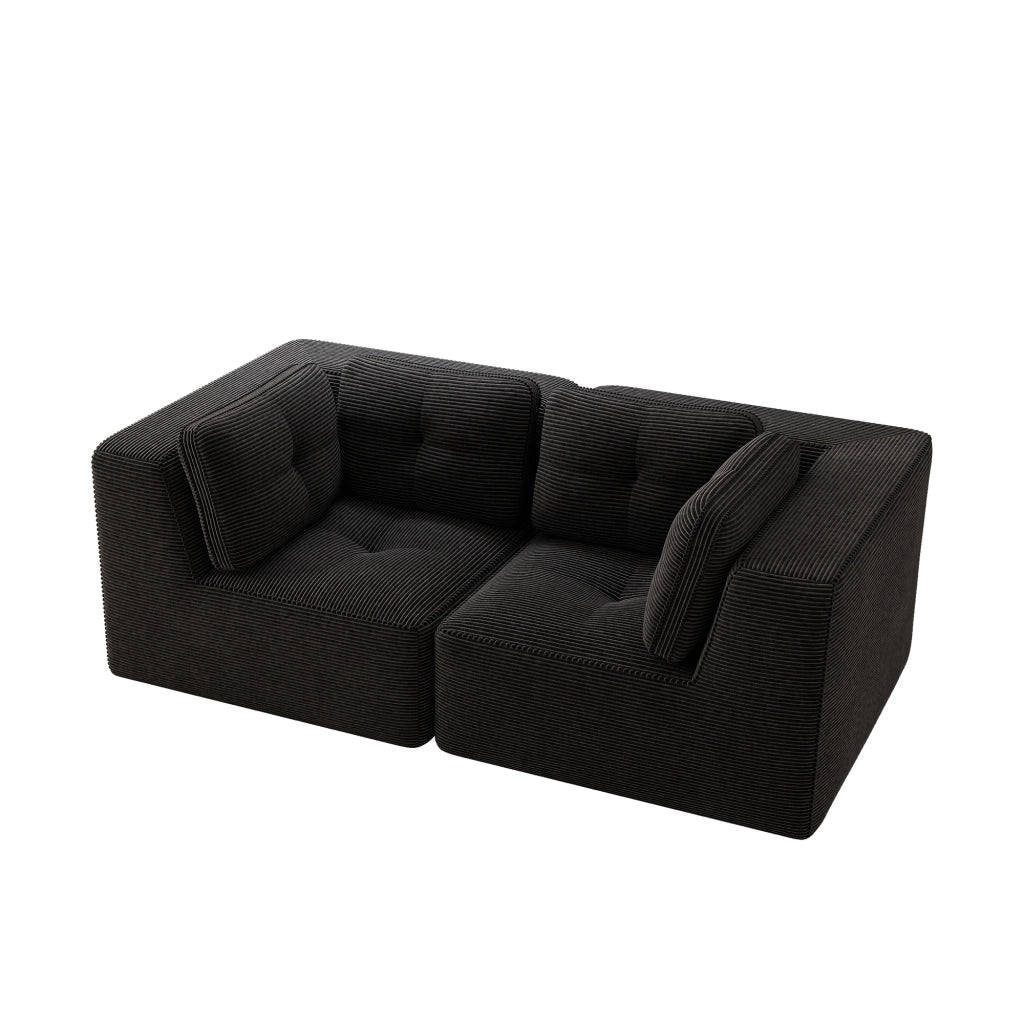 Divano angolare modulare senza struttura, rivestimento in corduroy nero, design salvaspazio per soggiorno e camera