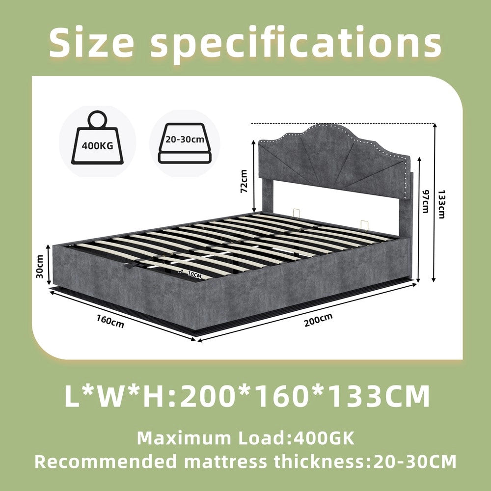 Letto Matrimoniale Contenitore Imbottito con Testiera e Materasso ¨C MINIMAL ¨C Grigio, 160x200, Idraulico