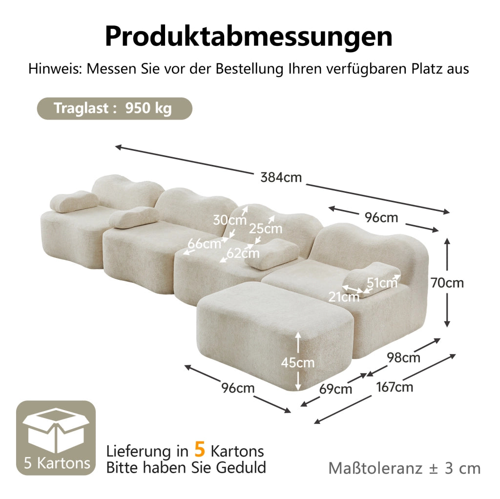 Divano angolare modulare 4 posti con pouf in velluto e schiuma 32D; beige