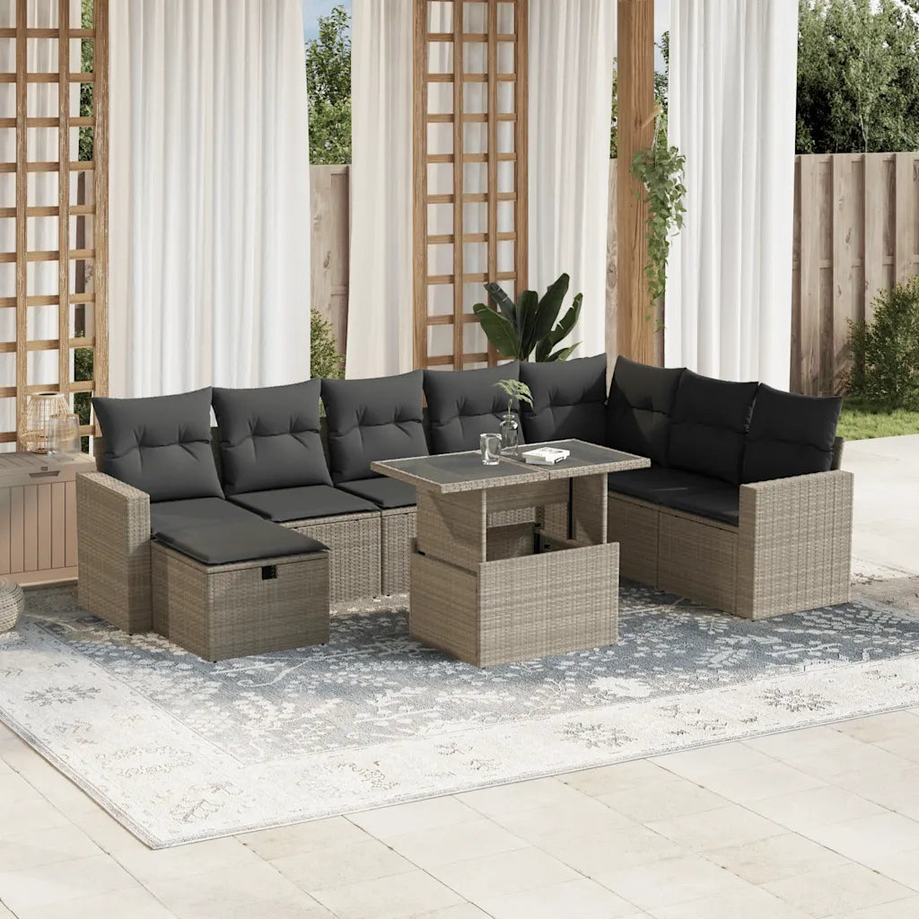 Set Divano da Giardino 9pz con Cuscini Grigio Chiaro Polyrattan