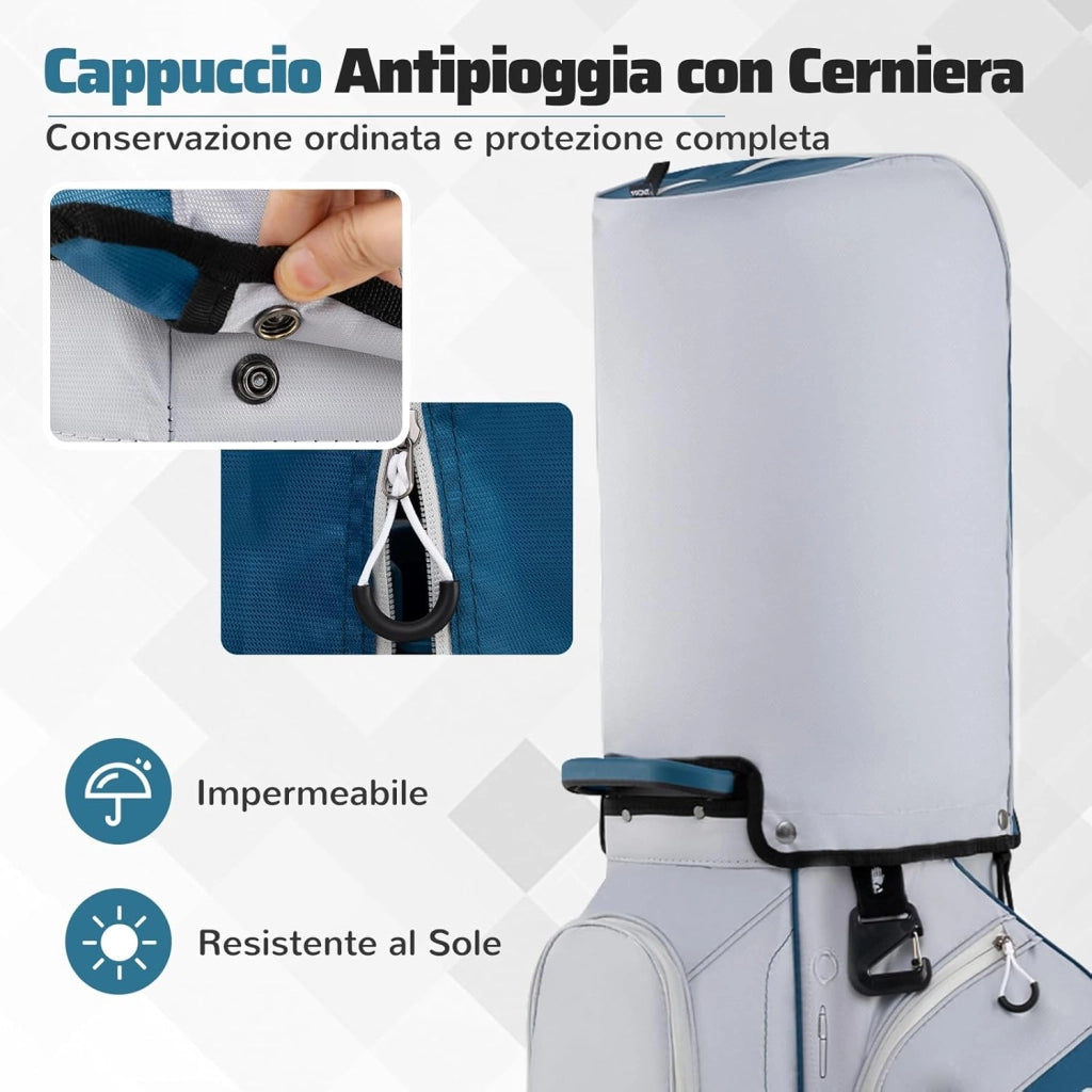 Borsa Carrello da Golf, Sacca da Golf con Serratura e Divisori a 14 Vie, 11 Tasche, Sacca Isolante, Tracolla Imbottita, Maniglie, Porta Ombrello e Cappuccio Antipioggia